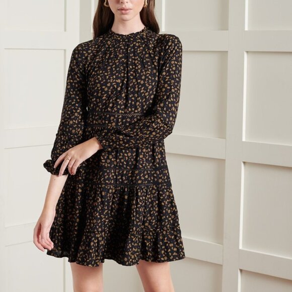 Superdry NWT Dress Sz US‎ 12 L Black Daisy Floral Print High Neck Tiered Prairie - Picture 1 of 11